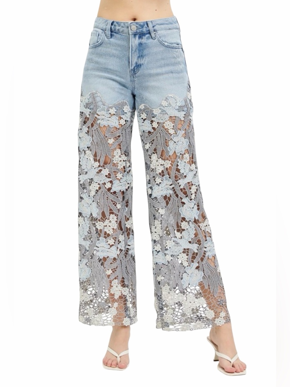Light Blue Lace-Panel Wide Leg Jeans - Women's Flare